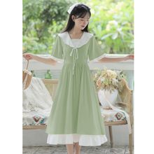 新款夏季收腰学院风日系甜美长裙子娃娃领连衣裙初恋感小白裙