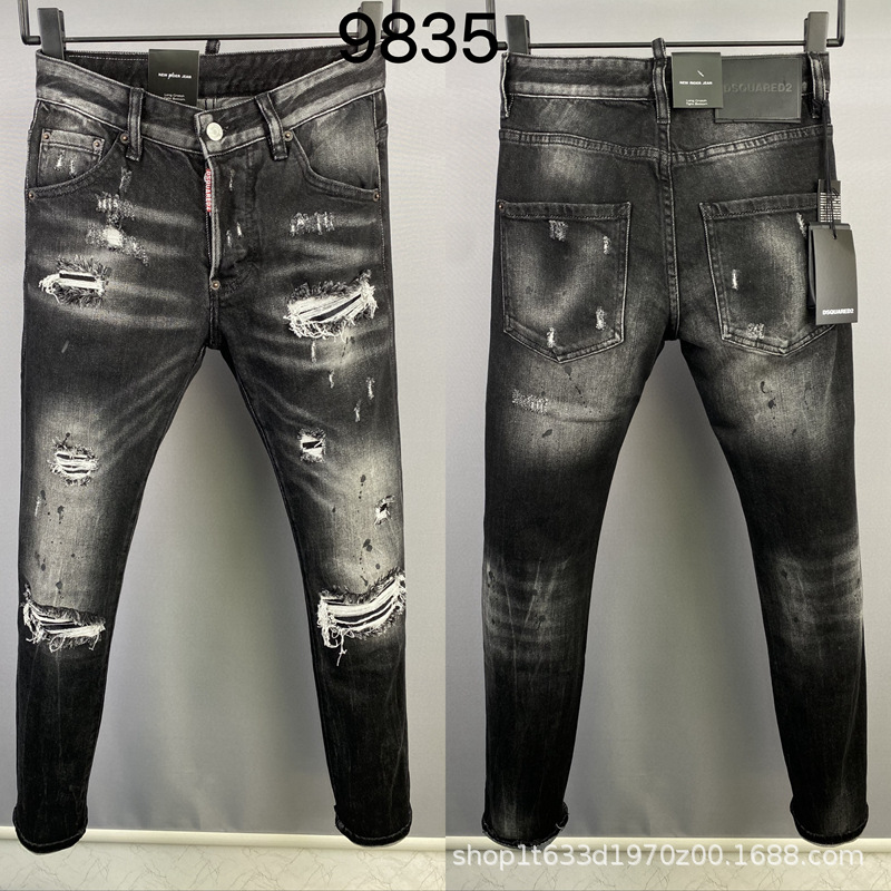 9835型2023D2男装牛仔长裤二次方猫爪痕破洞时尚小直脚跨境牛仔裤
