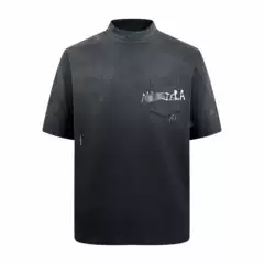 Authentic MM6 25SS New Arrival Chest Pocket Logo Distressed Graffiti Oversized Crew Neck Short Sleeve T-Shirt for Couples