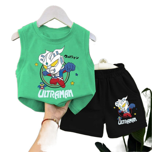 Children's Summer Baby Backless Set for Boys, Stylish Two-Piece Set, Ultraman Cute Sleeveless T-Shirts, Thin Clothing