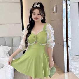 7J-2309新款大码连体平角裙式泳衣女优雅显瘦长纱袖泳装女胖妹沙