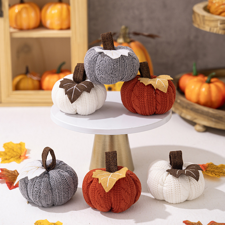 Neue Thanksgiving-Dekorationen, orangefarbener Kürbis-Anhänger, Strickkürbis für das Erntedankfest, Ornament-Arrangement_voghion.com