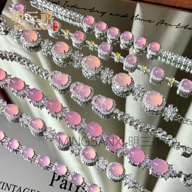Manufacturer Wholesale 925 Silver Plated Inlaid High Ice Chalcedony Full Diamond Bracelet Pink Agate Jade Chalcedony Women's Bracelet