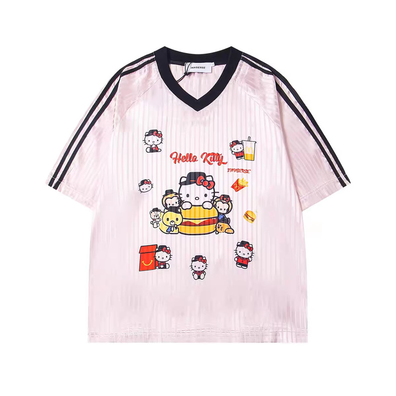 American Cartoon Style Blue, White and Pink Hellokitty Printed V-Neck Short-Sleeved T-Shirt, Unisex Sports Striped Jersey American Cartoon Style Blue, White and Pink Hellokitty Printed V-Neck Short-Sleeved T-Shirt, Unisex Sports Striped Jersey