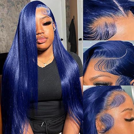 Hd Lace Front Wig, Pre-Cut Baby Hair, 180% Density, Deep Blue, Glue-Free Straight Hair Wig