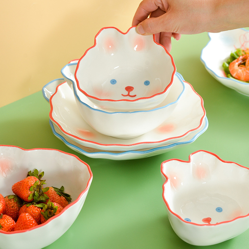 Estilo japonés lindo conejito plato de tazón de arroz de cerámica Placa de vajilla en forma de animal de los niños creativos Placa de celebridad de Internet image 5