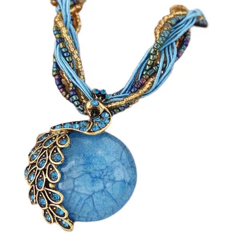 Bohemian Style Tassel Retro Peacock Gem Elegant Women's Rice Beads Necklace Sweater Chain