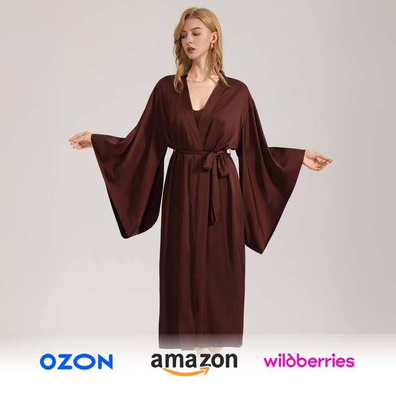 Cross-Border Wb New Pure Color Simple Satin Chiffon Large Sleeve Robe Wb Women's Elegant Nightgown Home Wear 3780
