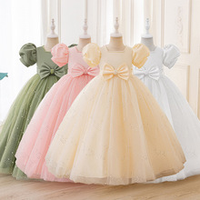 跨境儿童婚纱礼服长款女孩子连衣裙主持人表演服装泡泡袖公主裙