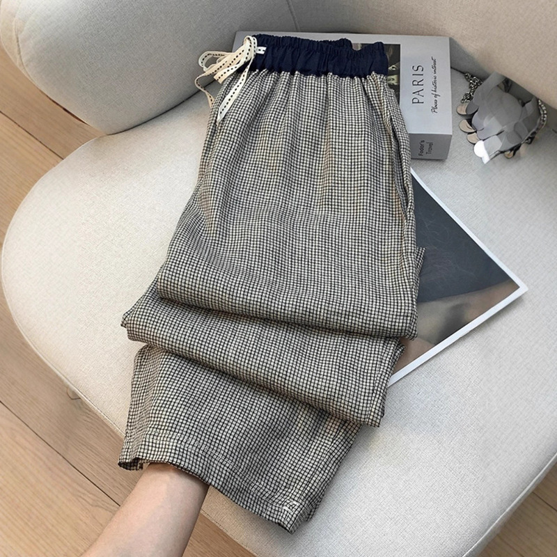 复古撞色拼接色织亚麻阔腿裤女夏季高腰抽绳格纹棉麻直筒休闲长裤|undefined