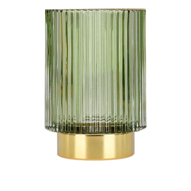 Borde dorado engrosado a rayas Cubo de almacenamiento de vidrio titular de la pluma taza verde oscuro maquillaje cepillo cubo florero de escritorio flor hidropónica dispositivo