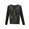 Mesh patchwork leather sleeves patchwork lace long sleeved undershirt for women