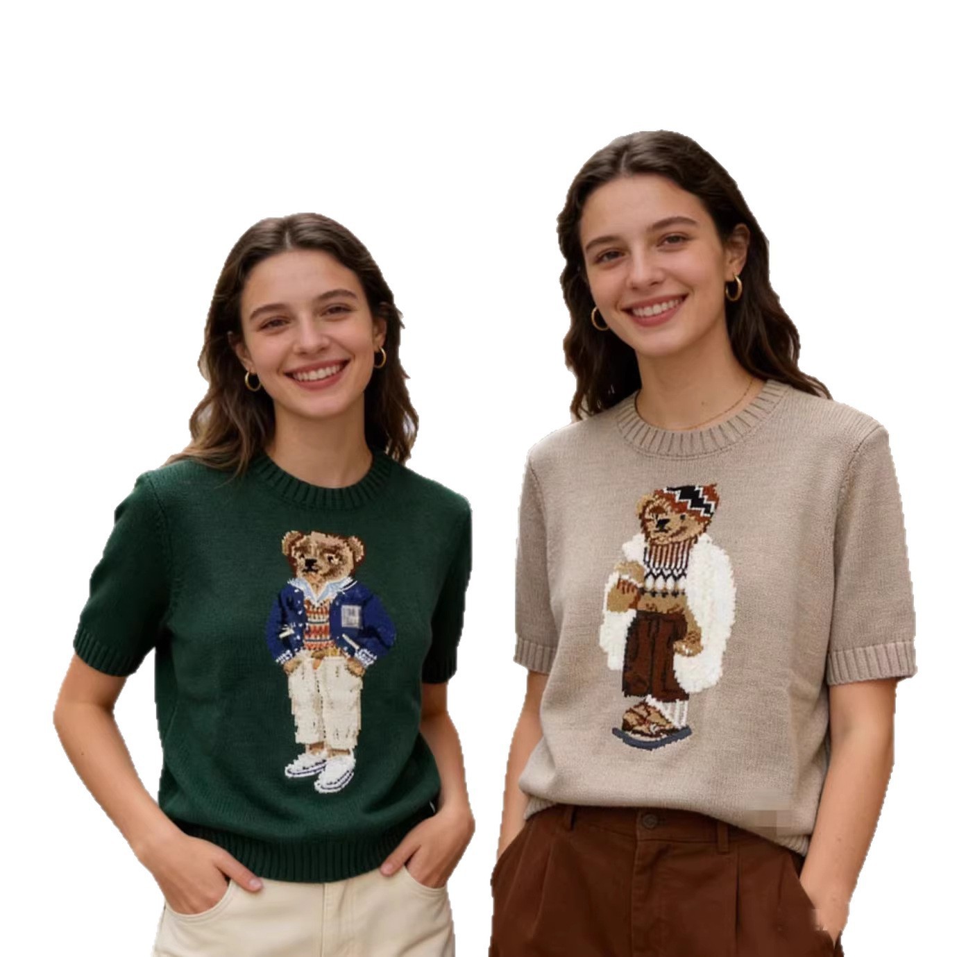 high quality New Cartoon Jacquard Bear Knitted Shirt Short Sleeve Top Women's 2025 Explosions Foreign Trade AliExpress Women's Clothing