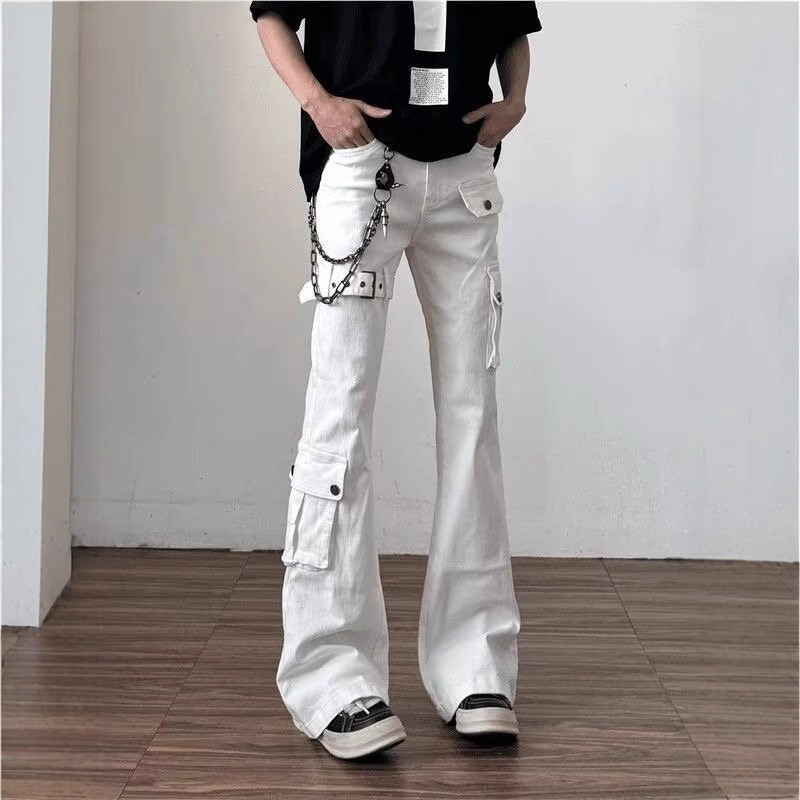 High Street Vibe Cool Lace-Up Flared Jeans for Men, Loose Versatile Niche Design Multi-Pocket Cargo Pants