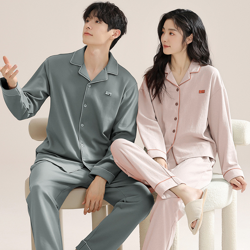 Algodón puro pareja pijamas de las mujeres del otoño nuevo simple chica lycra algodón manga larga vestir prendas exteriores desgaste los hombres traje