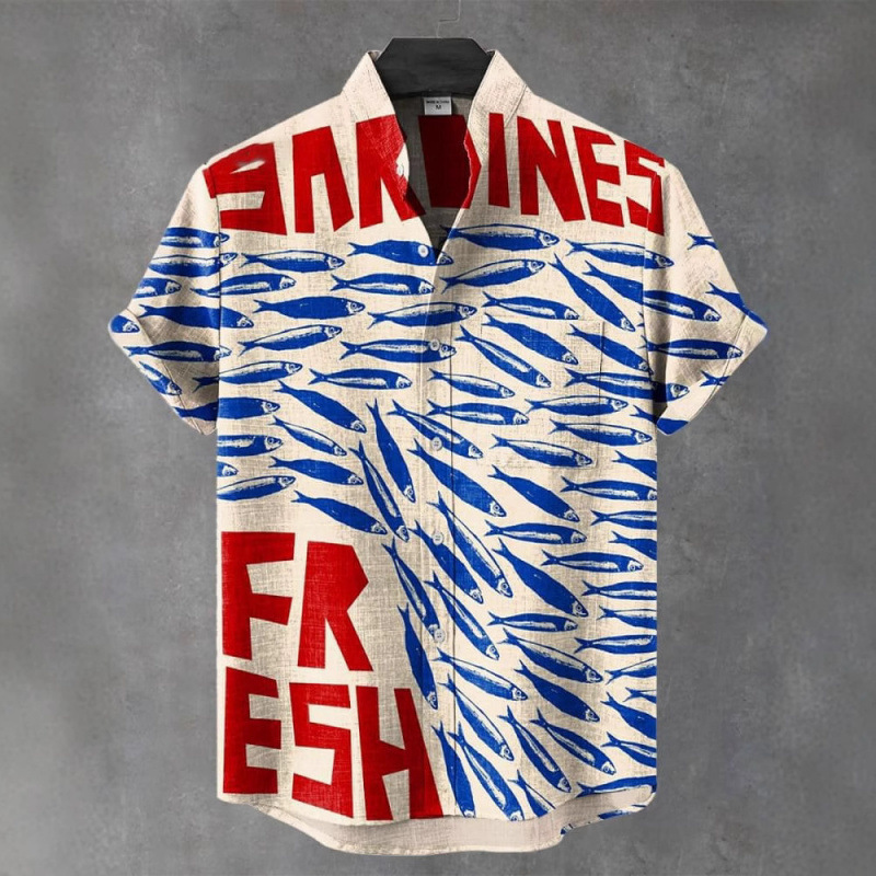 Cross-Border Export Amazon Comfortable Top 3D Printed Short-Sleeved Shirt Style Fish Pattern New Men's Button Top