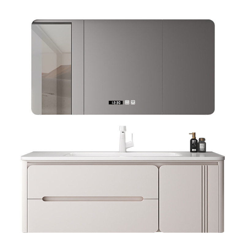 Roble personalizado simple viento caucho madera sólida horneado pintura gabinete de baño combinación de cerámica lavabo gabinete lavabo de mano