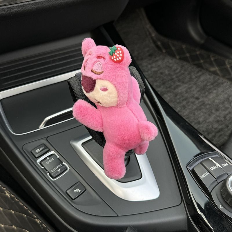 Car gear shift cover for women, trendy and cute strawberry bear plush toy, car gear shift cover, protective cover for automatic transmission, handbrake cover
