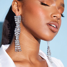 欧美时尚夸张满钻交叉耳环 百搭锆石麻花长款个性耳饰女earrings