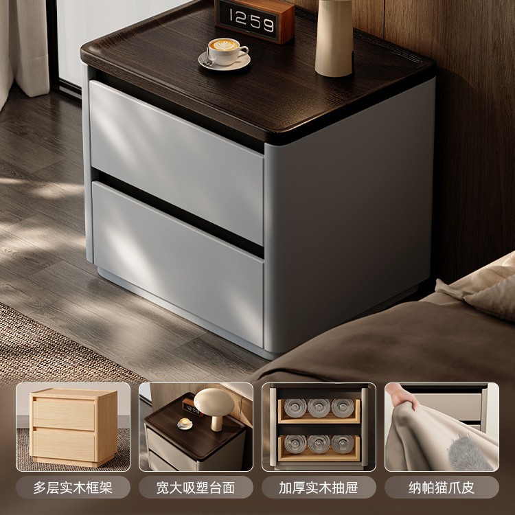 Mesa de cama de madera maciza lujosa alta sensación2024 nuevo estilo simple y moderno sensación de diseño pequeño gabinete junto a la cama del dormitorio familiar