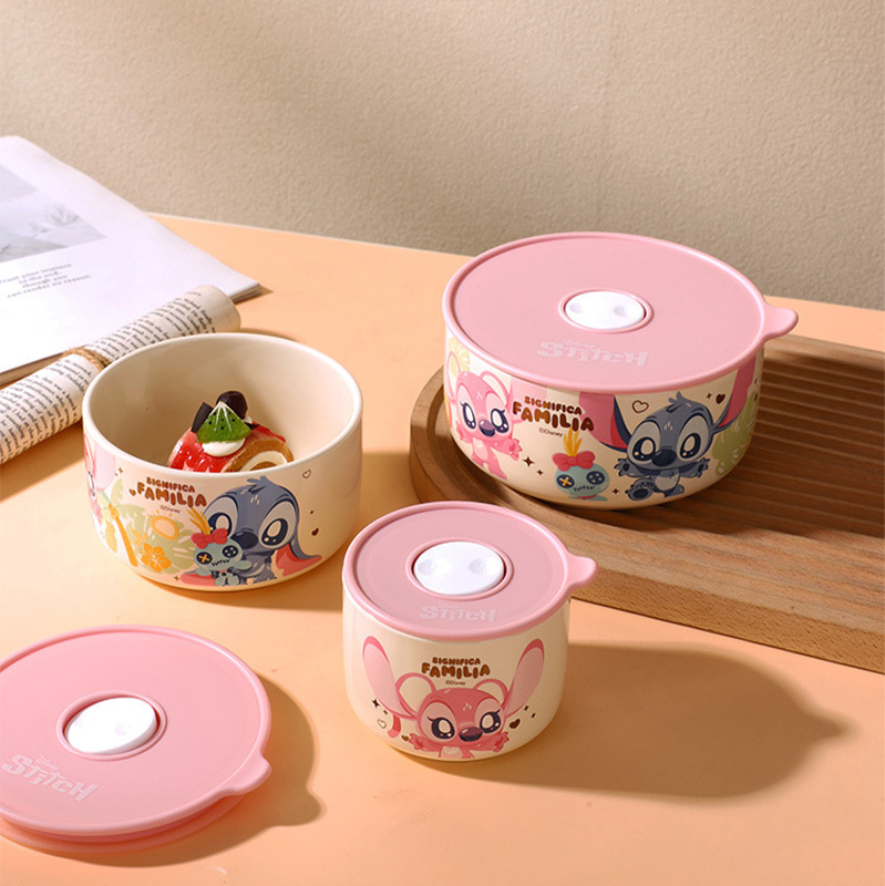 Stitch Ceramic Bowl Dormitory Lunch Bowl Office Fresh-Keeping Bowl Cartoon Ceramic Tableware High-Value Sealed Rice Bowl