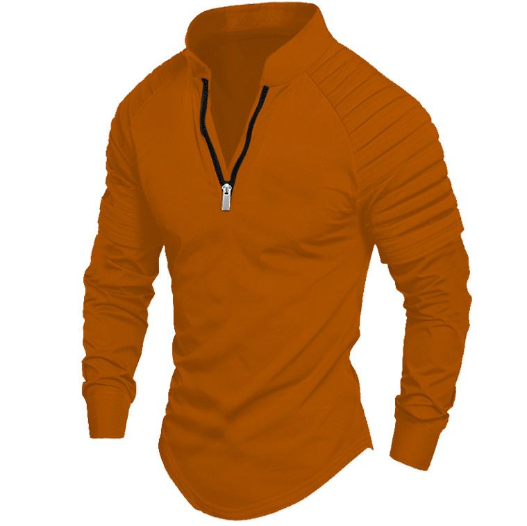 Men's Long Sleeve Polo Shirt With Arm Pleats And Zipper Casual_voghion.com
