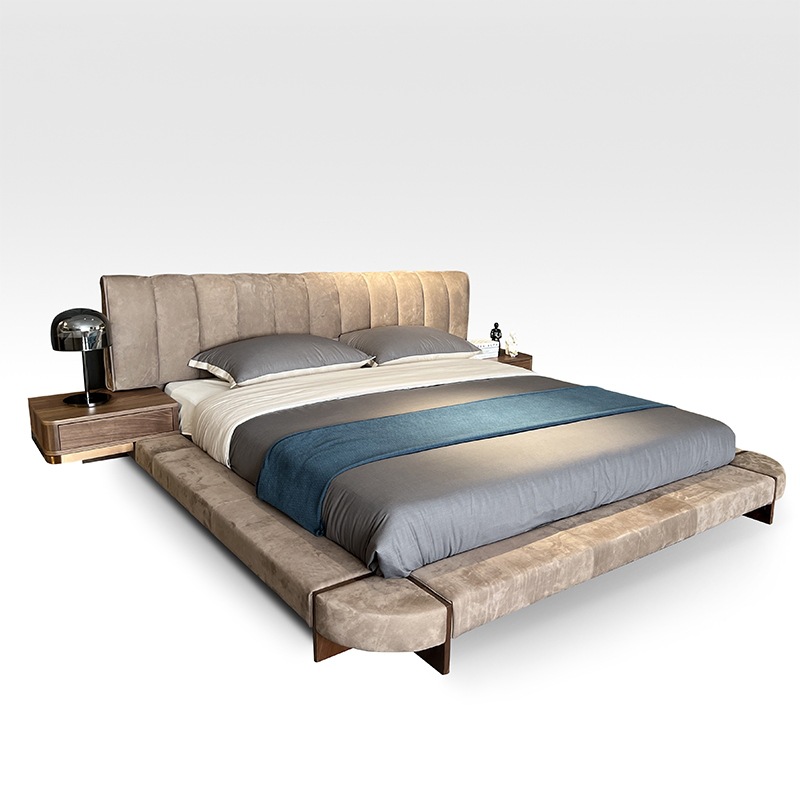 Top Grade Yellow Calfskin Genuine Leather Bed, Sanding Fabric Bedroom Furniture, Luxury Minimalist, Instagrammable Creative Designer Style