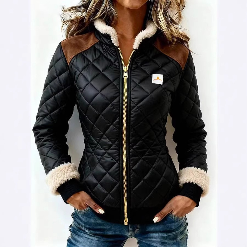 2025 European and American Women's Fashion Independent Site Amazon Women's Quilted Jacket Coat Cotton-Padded Fur Zipper Jacket Color-Blocking