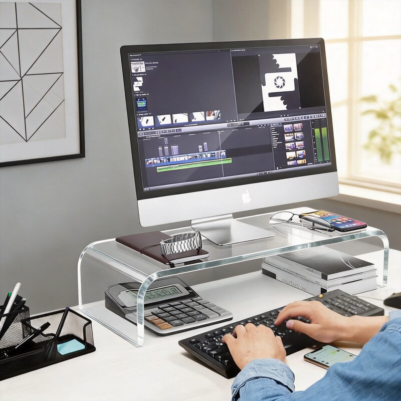 Highly Transparent Acrylic Computer Stand Desktop Suspended Stand Laptop Riser Desk Storage Organizer