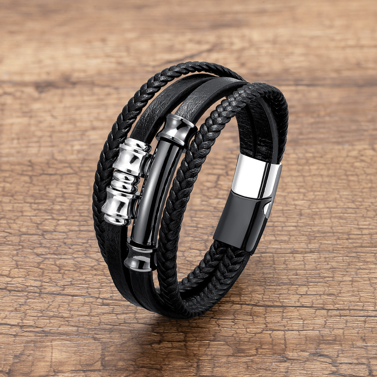 Men's Gender Retro Geometric 304 Stainless Steel Pu Leather Layered Men's Bangle Men Cord & Leather Bracelets