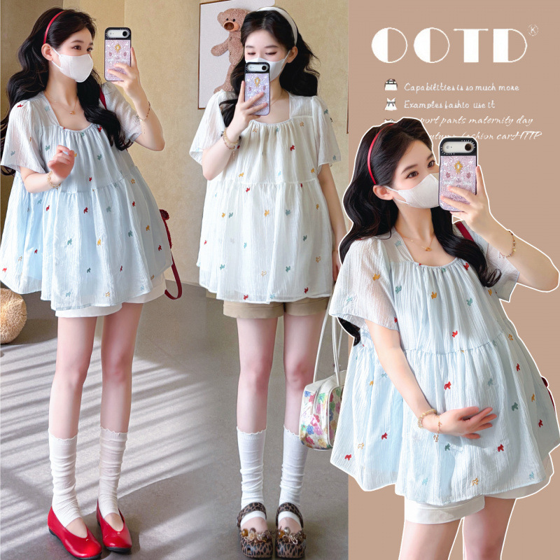 Maternity Wear, Summer Fashion New Style Set, Embroidered Short-Sleeved Top, Trendy Mom's Pregnancy Outfit, Two-Piece Set, Loose Fit to Cover the Belly Maternity Wear, Summer Fashion New Style Set, Embroidered Short-Sleeved Top, Trendy Mom's Pregnancy Outfit, Two-Piece Set, Loose Fit to Cover the Belly