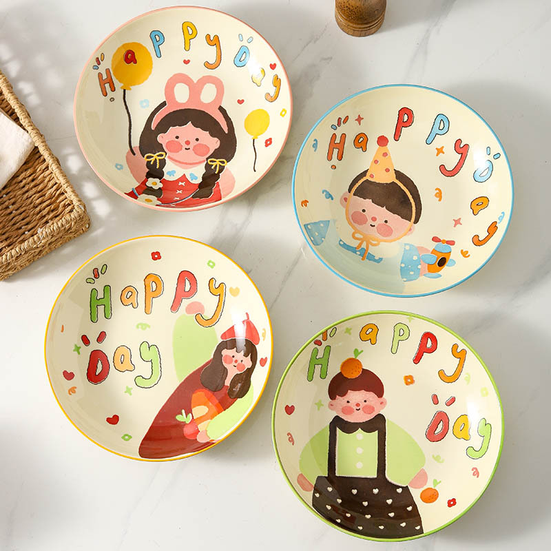Vajilla de dibujos animados para una familia de cuatro personas, juego de platos y cuencos de cerámica con colores bajo el esmalte, regalo para el regreso a clases