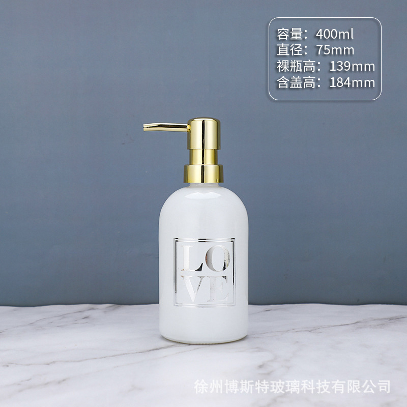 400ml; Letras de botella blanca + bomba de presión de cabeza de oro ABS; vidrio-1