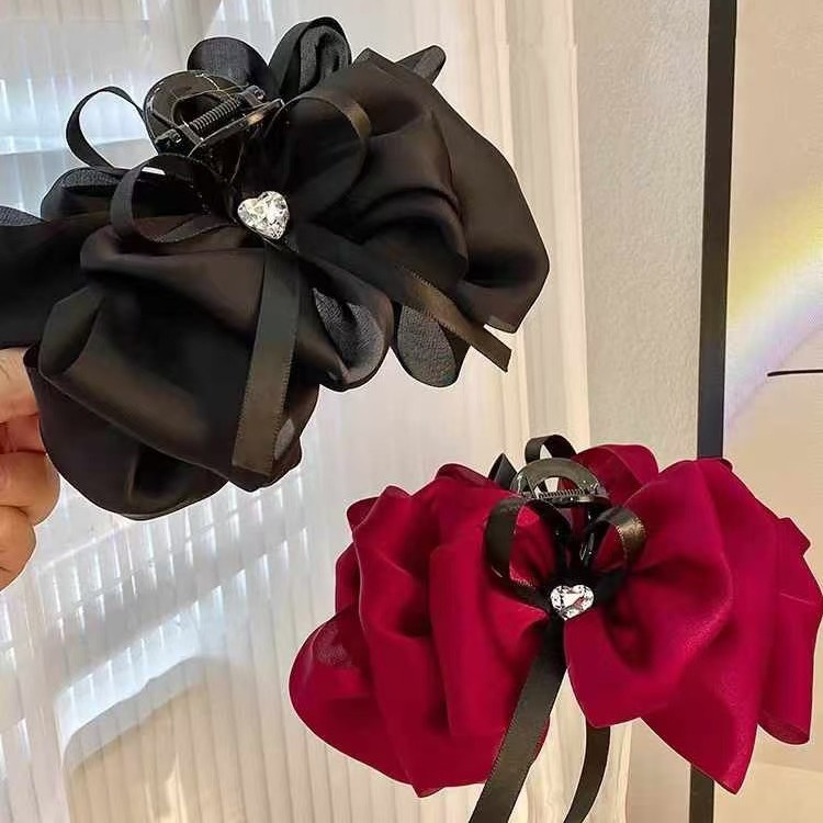 緞面雙面蝴蝶結愛心水鑽抓夾女高級感髮夾盤發後腦勺鯊魚夾頭飾