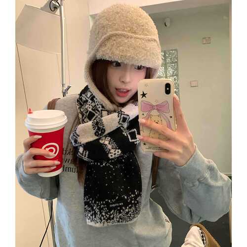 Sheep Wool Korean-style Double-Sided Brocade Knitted Scarf for Women - Winter Thick Warmth-Blocking Neck Protection and Keeping Warm Small Scarf