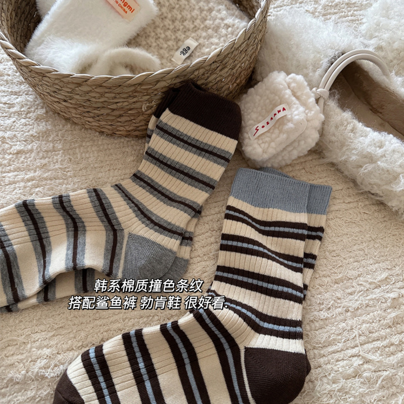 撞色韩系条纹双针袜子女秋冬棉质女中筒袜百搭同款小红书韩版长袜|undefined