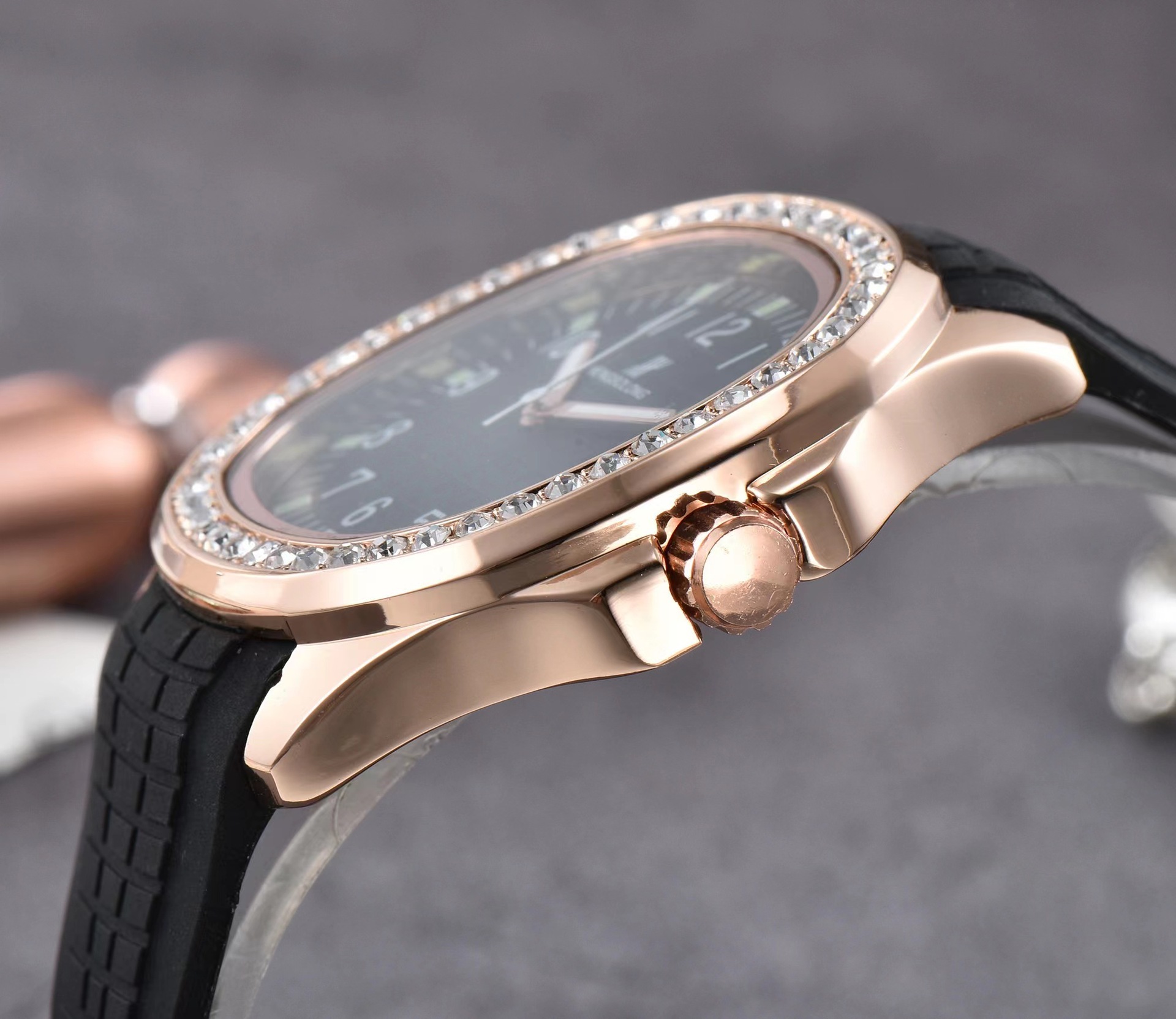 Men's Quartz Watch Square Nautilus Style Diamond Set Silicone_voghion.com