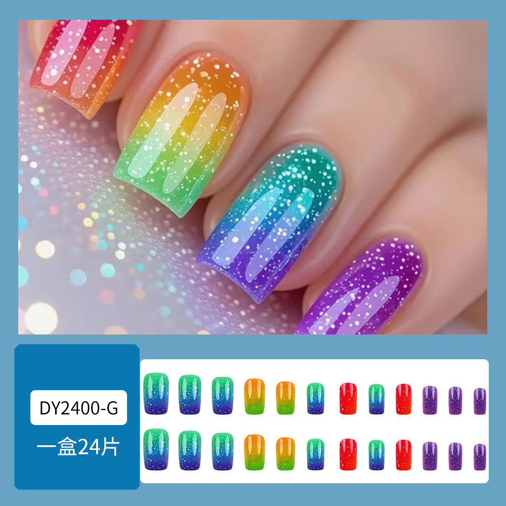 Comercio exterior mejor vendido arco iris gradiente brillo delgado usar uñas 24 piezas dulces y frías fiestas de uñas falsas transfronterizas suministro directo image 3