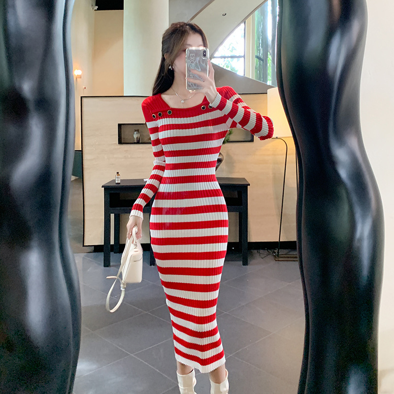 Foreign Trade Women's Korean Style Mid-Length One-Line Collar Stripesd Knitted Long-Sleeved Bottoming Dress Slim Hip-Hugging Sweater Foreign Trade Women's Korean Style Mid-Length One-Line Collar Stripesd Knitted Long-Sleeved Bottoming Dress Slim Hip-Hugging Sweater
