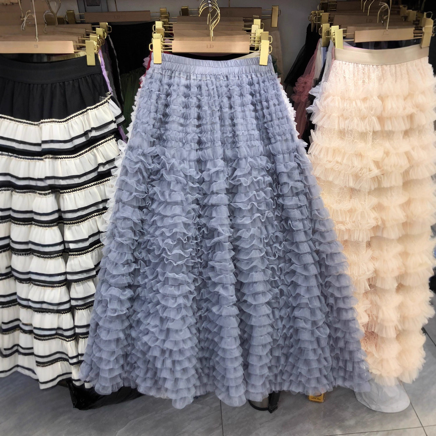 Real Shot of the New Four Seasons Colorful Sweet Age-Reducing Pleated Solid Color Mesh Mid-Length Tutu Skirt Cake Skirt for Women