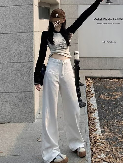 大码白色阔腿牛仔裤女夏季2025新款高腰宽松休闲显瘦设计感直筒裤|undefined