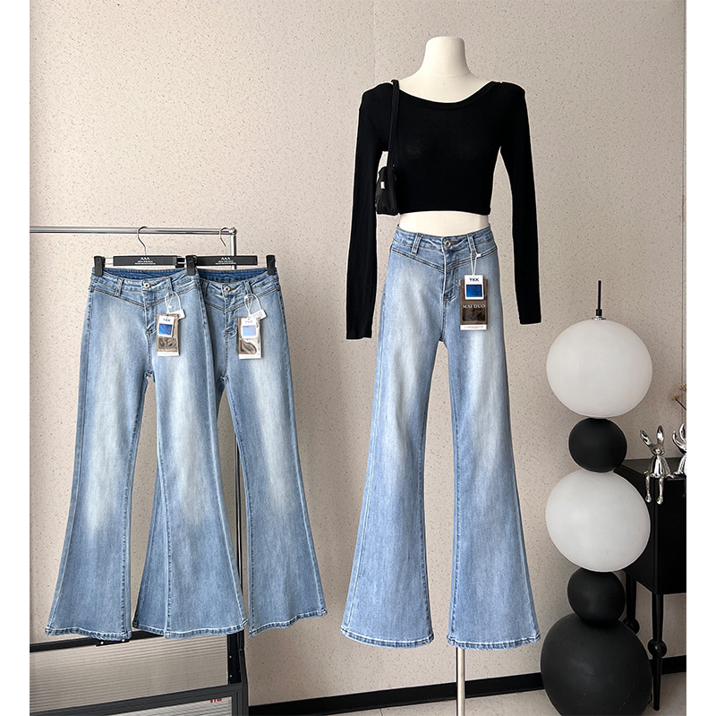 DUSKLIT light blue Mid-Low Waist Micro-Lam Jeans Women's Spring and Autumn Slim-Fit Slimming Stacked Flared Pants DUSKLIT light blue Mid-Low Waist Micro-Lam Jeans Women's Spring and Autumn Slim-Fit Slimming Stacked Flared Pants