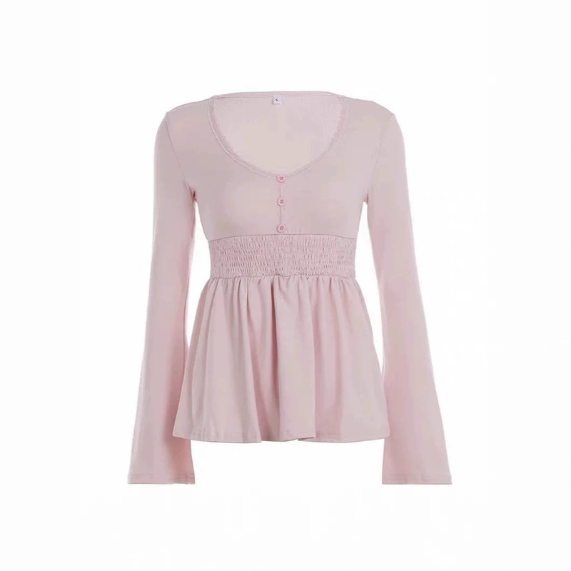 Purely sensual lace U-neck waist-cinching long-sleeve top with ruffled hem, elasticated bell sleeves, slimming effect, and ruffled base layer
