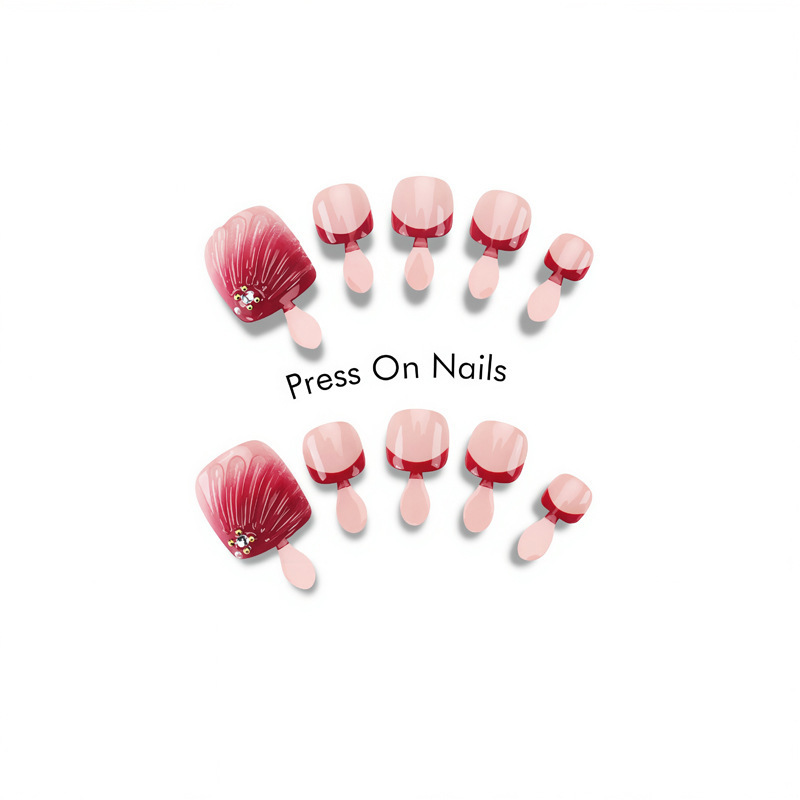Summer brightening toenails, hot girl rose red glitter toenail tips, popular handmade toenail art