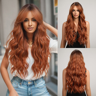 Cross-border Wig Female Xiu Yan Eight-character Bangs Orange Brown Large Wave Long Curly Hair Fluffy Daily Natural Chemical Fiber Headgear