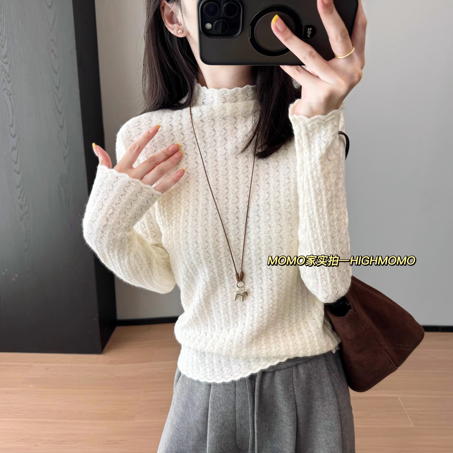 ED1028人手多件~软糯Q弹半高领弹力提花蕾丝羊毛打底衫显瘦T恤女