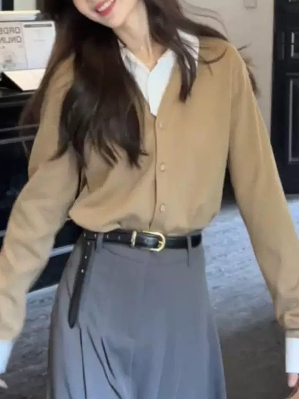 撞色假两件衬衫领毛衣外套女2025秋冬新款通勤百搭气质针织开衫潮|undefined