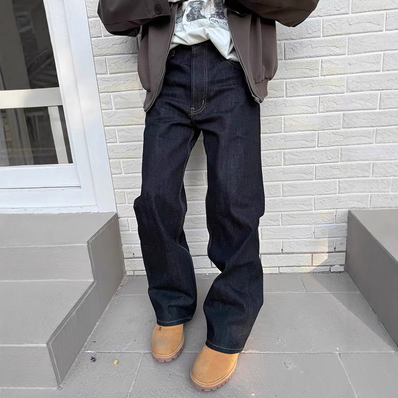 2025 spring new American casual dark blue loose straight jeans boys pants vibe tannin original cattle