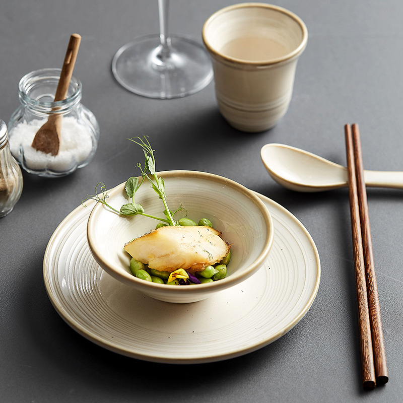 New Chinese-Style Line-Pattern Bowl and Plate Tableware Set, Three or Four-Piece Set, Wholesale Ceramic Tableware for Restaurants, Hot Pot Restaurants, Clubs, and Hotels