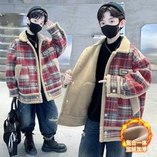 男童加厚格子毛呢外套冬装新款中大童保暖休闲儿童上衣红色蓝色棉